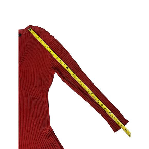 Peruvian Connection Pima Cotton Red Ribbed Long SLV Knit Fit Flare Midi Dress Lg - Picture 5 of 10